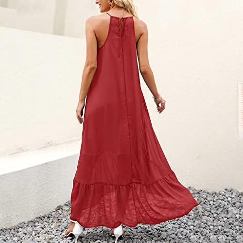 Ženska ljetna Maksi haljina, ležerna haljina od šifona bez rukava s naramenicama u boho stilu s višeslojnim volanima, duge