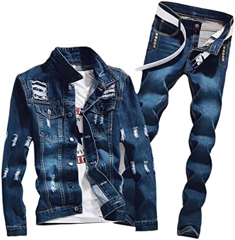 Yz-Henoeng muški traper dvodijelni rupa rupa otkidana vitka fit jakna Jeans setovi vintage