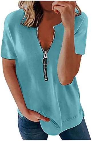 Ženske ljetne vrhove majice s kratkim rukavima seksi v vrat labavi zip up vrhovi solidne flowy henley majice haljine bluze