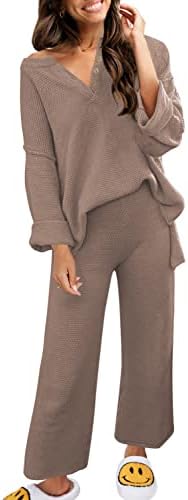 Senterizirati ženske 2 komadne odjeće džemper set dugih rukava pleteni džemper pulover gornje široke noge hlače dnevni boravak