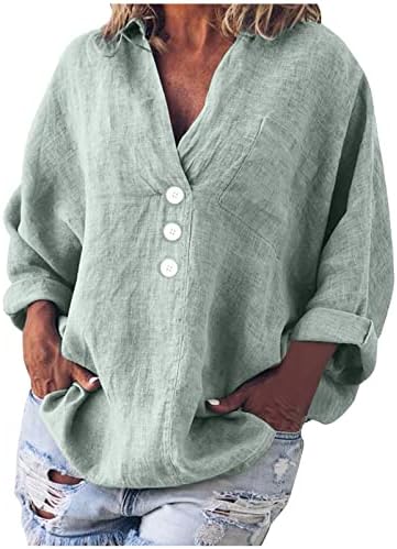 Bluza majica za žene jesensko ljeto dugih rukava 2023 odjeća lanena pamučna košulja s izrezom u obliku gumba u obliku slova