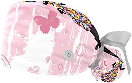 Lorvies Medicinske kape za žene s gumbima dugačka kosa, 2 komada podesiva radna kapa, djevojčica cvijeće ružičasto