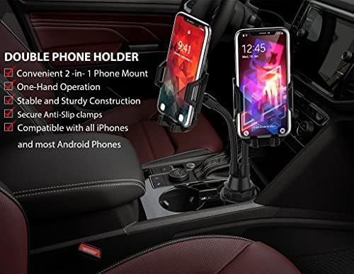 Držač dvostrukog telefona Caviana za držač čaše automobila - Dugi fleksibilni vrat, 360 ° za rotabilni automobil za rotaciju
