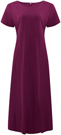 Haljine za žene 2023., žensko ljeto ležerna čvrsta boja kratkih rukava O-Neck Šivanje labave džepne lanene haljine