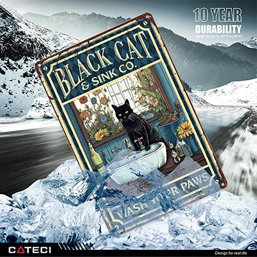 Whimsical crna mačka Operajte šape vintage metalni znak, jedinstveni zidni dekor za kupaonicu i ured | Smiješna umjetnost