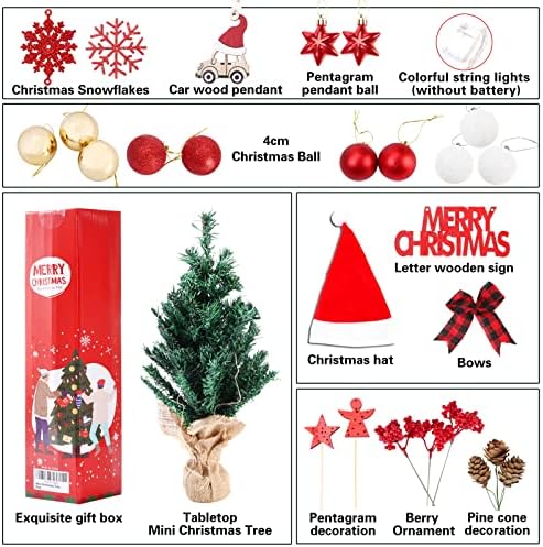 Mini božićno drvce, 22 inčni mali božićno drvce sa svjetlima Xmas šešir vrh i mini božićno drvce ukrasi tabletop Umjetno