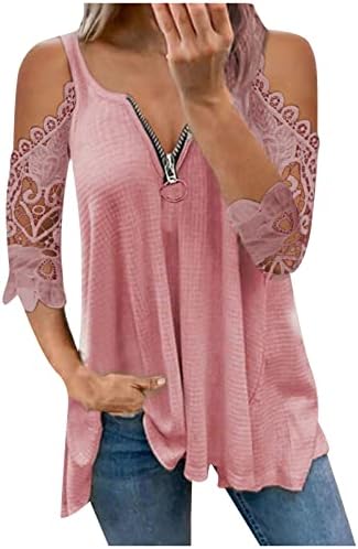 Hladni vrhovi tunika za žene za žene trendi zip v vrat majica čipka šuplje izmučene bluze s kratkim rukavima čvrste ljetne
