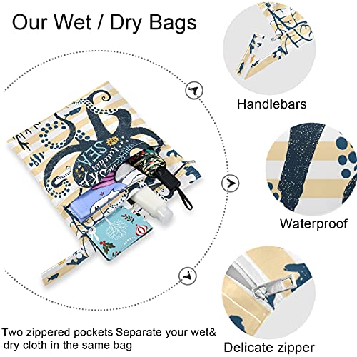 Visesunny Octopus Fish pruga 2pcs mokre torba s džepovima s patentnim zatvaračem za pranje višekratne uporabe za putovanje,