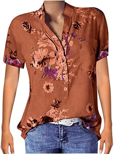 Ljetni vrhovi za žene 2023 retro cvjetni print majice Botton Up kratki rukavi s V-izrezom ležerne meke udobne labave majice