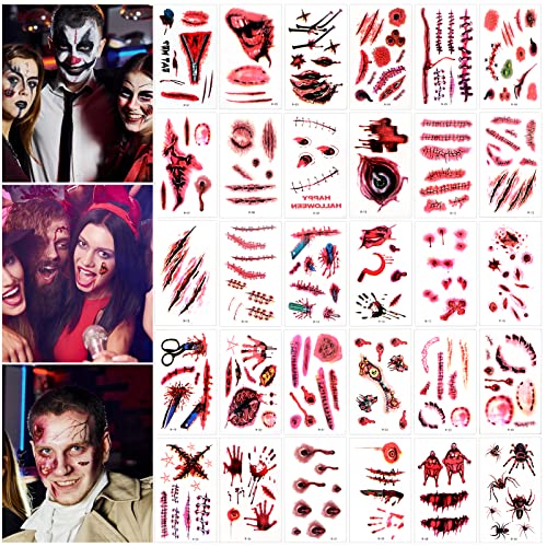 Cobee Halloween ožiljci privremene naljepnice za tetovaže, 30 listova horor Realistični lažni krvavi naljepnice za Halloween