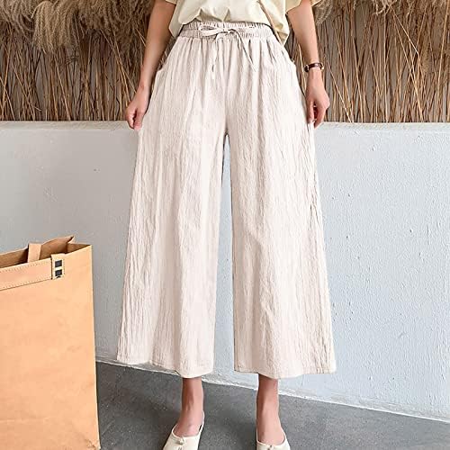 Ženske široke platnene pamučne hlače Summer casual joga palazzo hlače za elastičnu struku s džepovima