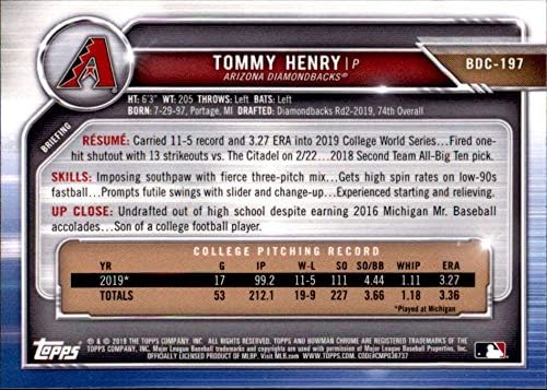 2019. Bowman Chrome nacrt BDC-197 Tommy Henry RC Rookie Arizona Diamondbacks MLB Trading Card za bejzbol