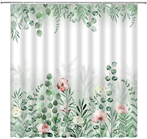 Zeleni listovi florla tuš zavjesa akvarel kadulja eukaliptus list botanički ružičasti cvjetni biljka bijela priroda tkanina