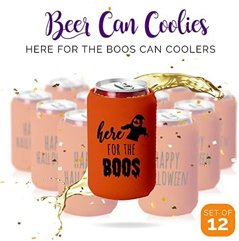 Halloween Party Can Coolers - Ovdje za Boos - Set od 12 narančastih i crnih Haropyeen Can Coolers, savršeno za zabavu za