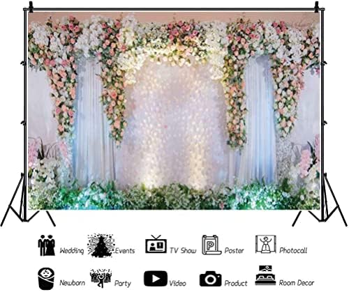 Vinilne pozadine za vjenčanje od 10 do 8 stopa za fotografiranje bijela scenska zavjesa ukrašena ružičastim cvjetovima ruže