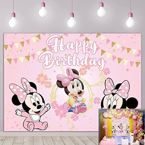 Pozadina s crtanim mišem djeca 1. i 2. rođendan ružičasti miš tematska pozadina za fotografiranje djevojčica Dječji tuš torta