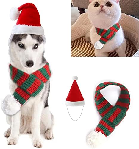 ENasgloo pas mačka pleteni božićni šal topliji vrat s Djeda šeširom set božićni kućni ljubimac kostim