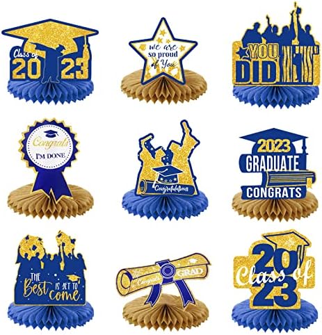 2023 Uredbe za diplomiranje - Plavo zlato 9 PCS Klasa 2023 čestitke za centrama Honeycomb Centrals čestitajte TOPPERS TABELE