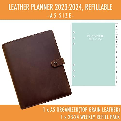 2023-2024 Akademski planer - A5 Originalni planer kože za muškarce i žene, unutarnje džepove i držač olovke, punjenje, 7