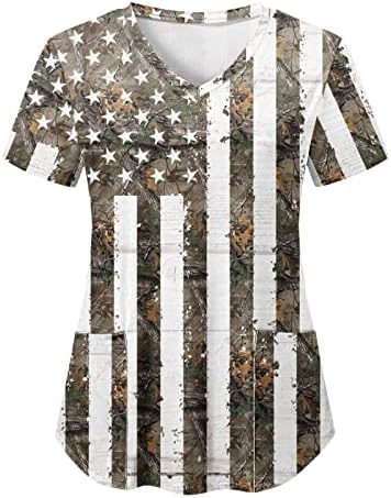 4. srpnja Košulje za žene USA zastave ljetni kratki rukav v vratni majica s 2 džepa bluze odmor povremene radne odjeće