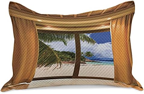 Ambsonne plaža pletena prekrivača jastuka, tropska egzotična morska obala s prozora sa zavjesama s ljetnom otokom oceanom