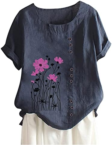 Pamučne posteljine Ljetne košulje za žene udobne prozračne proljetne vrhove kratke rukave gumbi za poticaj babydoll tunika
