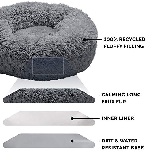 45 & 34; okrugli krevet za pse s krafnama, plišan, s dugim umjetnim krznom, umirujući, s uklonjivim perivim pokrivačem-siva,