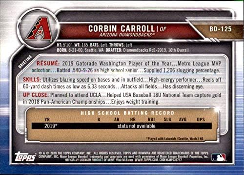 2019. Bowman Nacrt BD-125 Corbin Carroll RC Rookie Arizona Diamondbacks MLB Trgovačka kartica za bejzbol