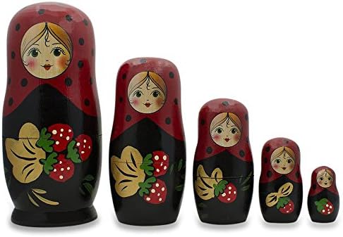 NajboljiPysanky set od 5 crvenih jagoda na crnim lutkama za gniježđenje 6,5 inča